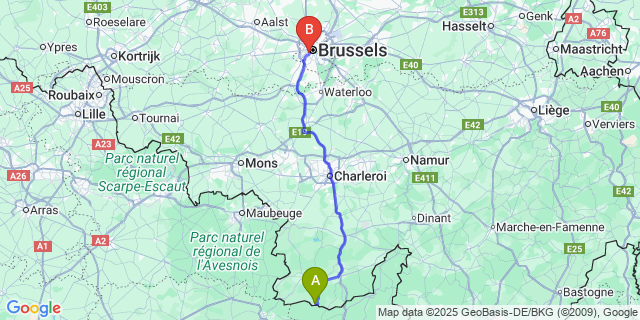 Map: Brussels Midi Train Station to Riezes