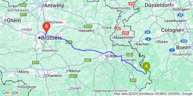 Map: Brussels Zaventem Airport (BRU) to Rocherath-Krinkelt
