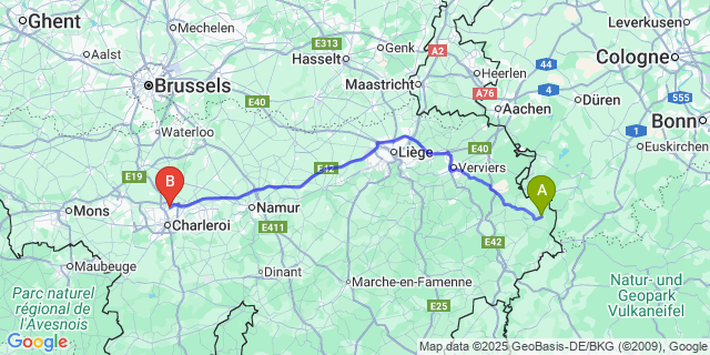 Map: Charleroi Airport Brussels South (CRL) to Rocherath-Krinkelt