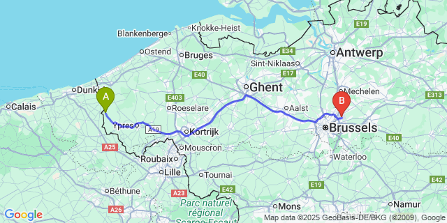 Map: Brussels Zaventem Airport (BRU) to Roesbrugge
