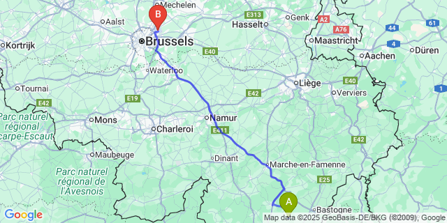 Map: Brussels Zaventem Airport (BRU) to Rondu