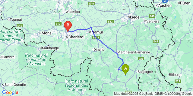 Map: Charleroi Airport Brussels South (CRL) to Rondu