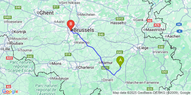Map: Brussels Midi Train Station to Saint-Fontaine