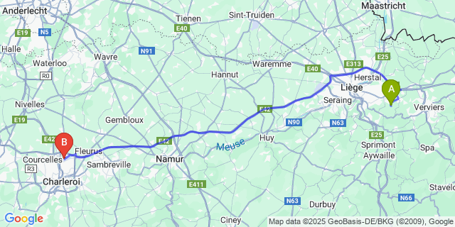 Map: Charleroi Airport Brussels South (CRL) to Saint-Hadelin