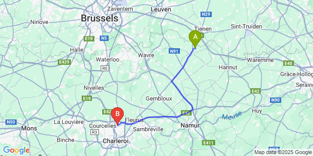 Map: Charleroi Airport Brussels South (CRL) to Sainte-Marie-Geest