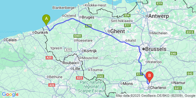 Map: Charleroi Airport Brussels South (CRL) to Sint-Idesbald