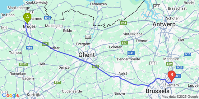 Map: Brussels Zaventem Airport (BRU) to Sint-Pieters