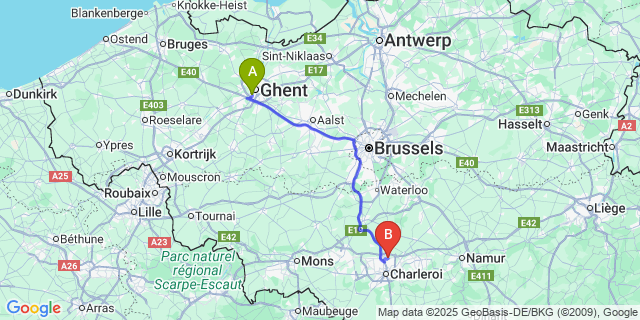 Map: Charleroi Airport Brussels South (CRL) to Sint-Pieters-Aalst