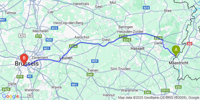 Map: Brussels Midi Train Station to Smeermaas