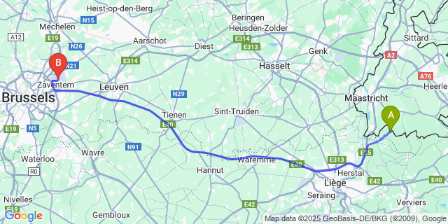Map: Brussels Zaventem Airport (BRU) to Snauwenberg