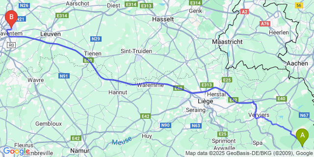 Map: Brussels Zaventem Airport (BRU) to Sourbrodt