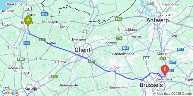 Map: Brussels Zaventem Airport (BRU) to Steenbrugge