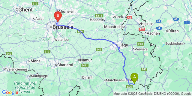 Map: Brussels Zaventem Airport (BRU) to Sterpigny