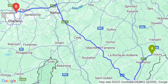 Map: Charleroi Airport Brussels South (CRL) to Sterpigny
