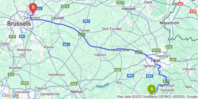 Map: Brussels Zaventem Airport (BRU) to Tabreux