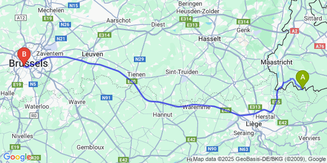 Map: Brussels Midi Train Station to Ulvend