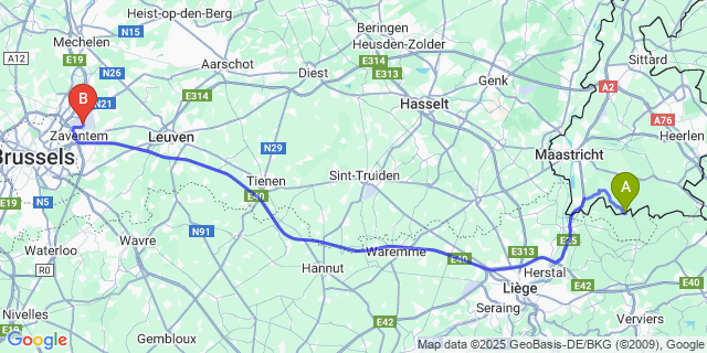 Map: Brussels Zaventem Airport (BRU) to Ulvend