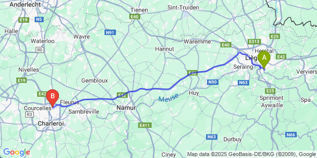 Map: Charleroi Airport Brussels South (CRL) to Vaux-sous-Chevremont