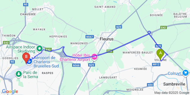 Map: Charleroi Airport Brussels South (CRL) to Velaine-sur-Sambre