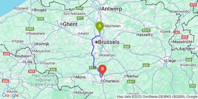 Map: Charleroi Airport Brussels South (CRL) to Verbrande Brug