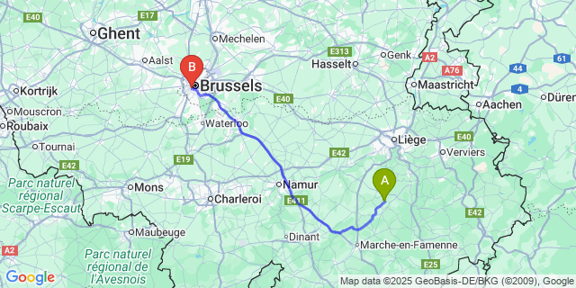Map: Brussels Midi Train Station to Verlaine-sur-Ourthe