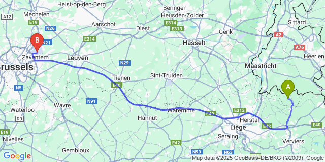 Map: Brussels Zaventem Airport (BRU) to Veurs