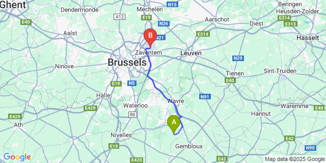 Map: Brussels Zaventem Airport (BRU) to Villeroux
