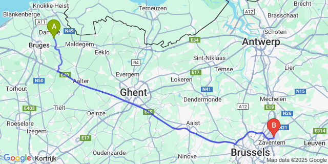 Map: Brussels Zaventem Airport (BRU) to Vivenkapelle