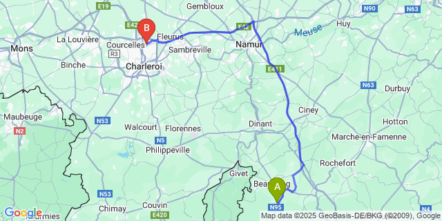 Map: Charleroi Airport Brussels South (CRL) to Voneche