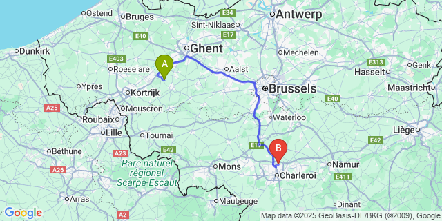 Map: Charleroi Airport Brussels South (CRL) to Wannegem