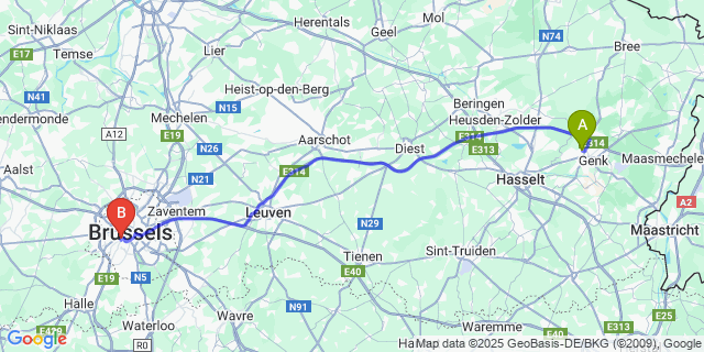 Map: Brussels Midi Train Station to Winterslag