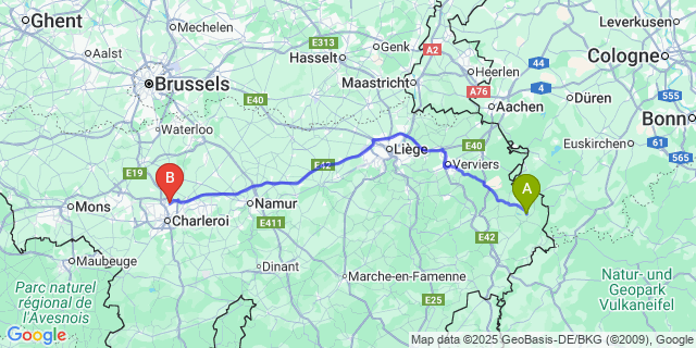 Map: Charleroi Airport Brussels South (CRL) to Wirtzfeld