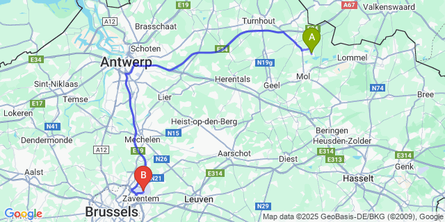 Map: Brussels Zaventem Airport (BRU) to Witgoor