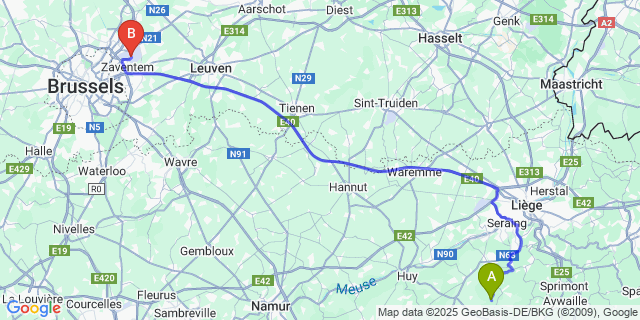 Map: Brussels Zaventem Airport (BRU) to Xhos