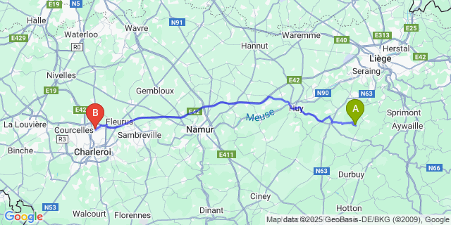 Map: Charleroi Airport Brussels South (CRL) to Xhos