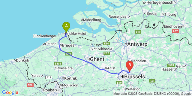 Map: Brussels Zaventem Airport (BRU) to Zevenkote
