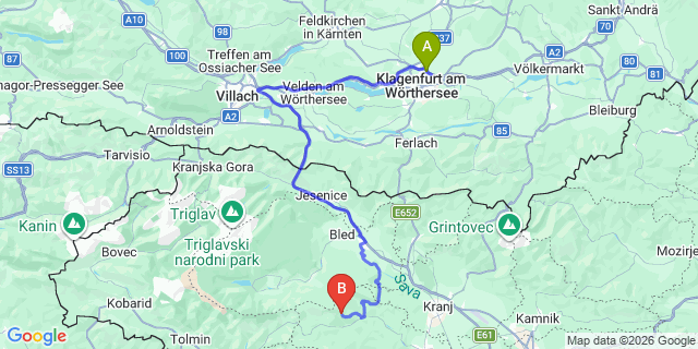 Map: Klagenfurt Airport (KLU) to Bled