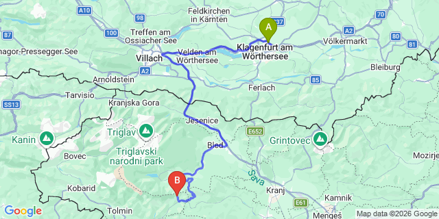 Map: Klagenfurt Airport (KLU) to Bohinj