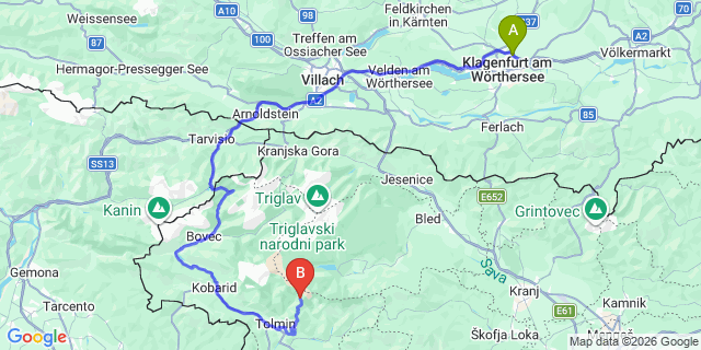 Map: Klagenfurt Airport (KLU) to Kranjska Gora