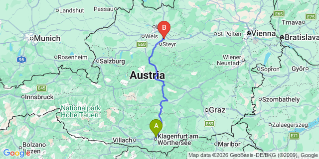 Map: Klagenfurt Airport (KLU) to Ljubljana