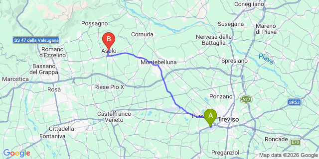 Map: Venice Treviso Airport (TSF) to Asolo