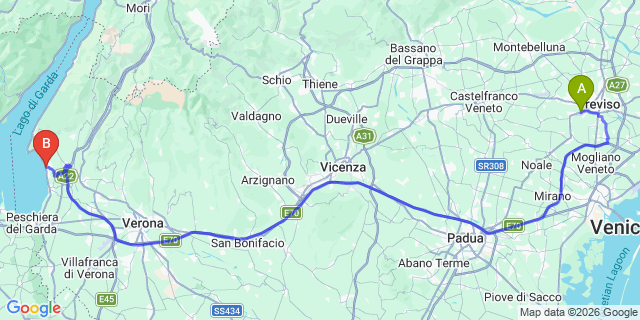 Map: Venice Treviso Airport (TSF) to Bardolino