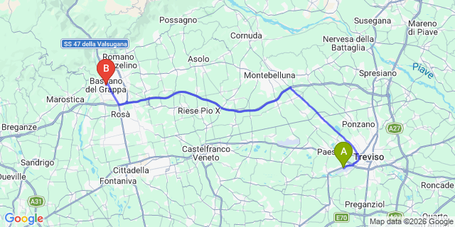 Map: Venice Treviso Airport (TSF) to Bassano del Grappa