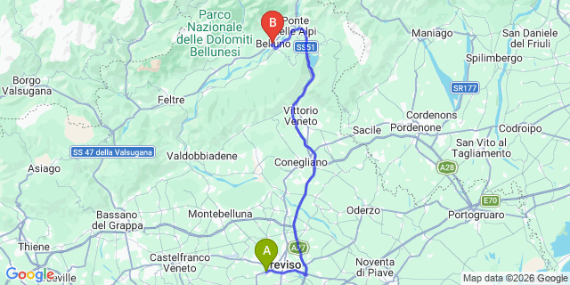 Map: Venice Treviso Airport (TSF) to Belluno