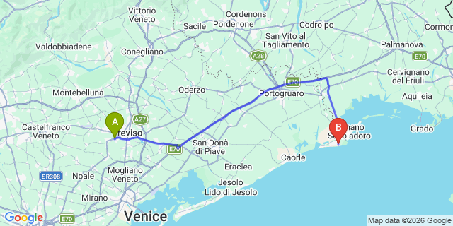 Map: Venice Treviso Airport (TSF) to Bibione