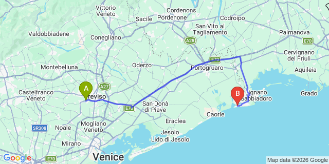 Map: Venice Treviso Airport (TSF) to Bibione Pineda