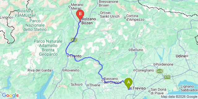 Map: Venice Treviso Airport (TSF) to Bolzano