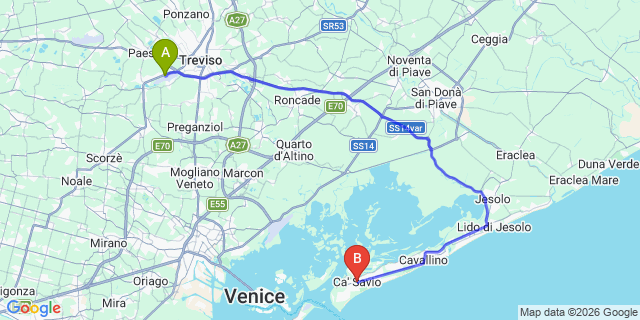 Map: Venice Treviso Airport (TSF) to Ca Savio