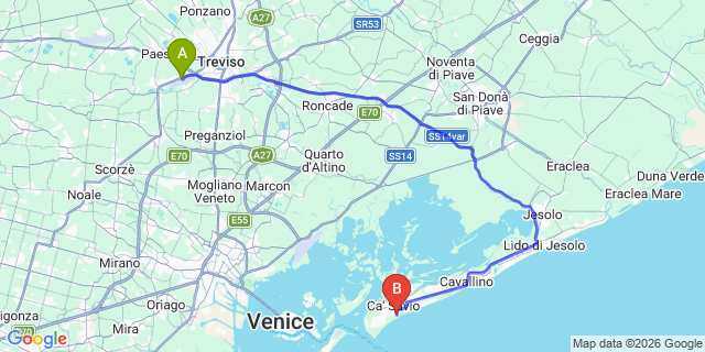 Map: Venice Treviso Airport (TSF) to Camping Ca Savio
