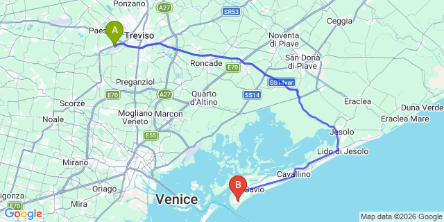 Map: Venice Treviso Airport (TSF) to Camping Marina di Venezia
